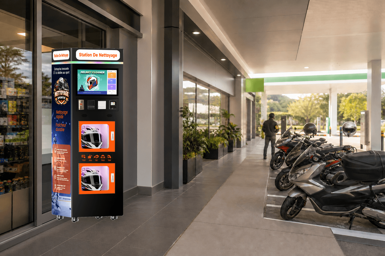 Gas stations helmet cleaning machine application