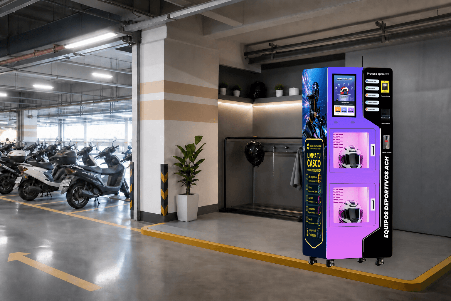 Parking Areas helmet cleaning machine application