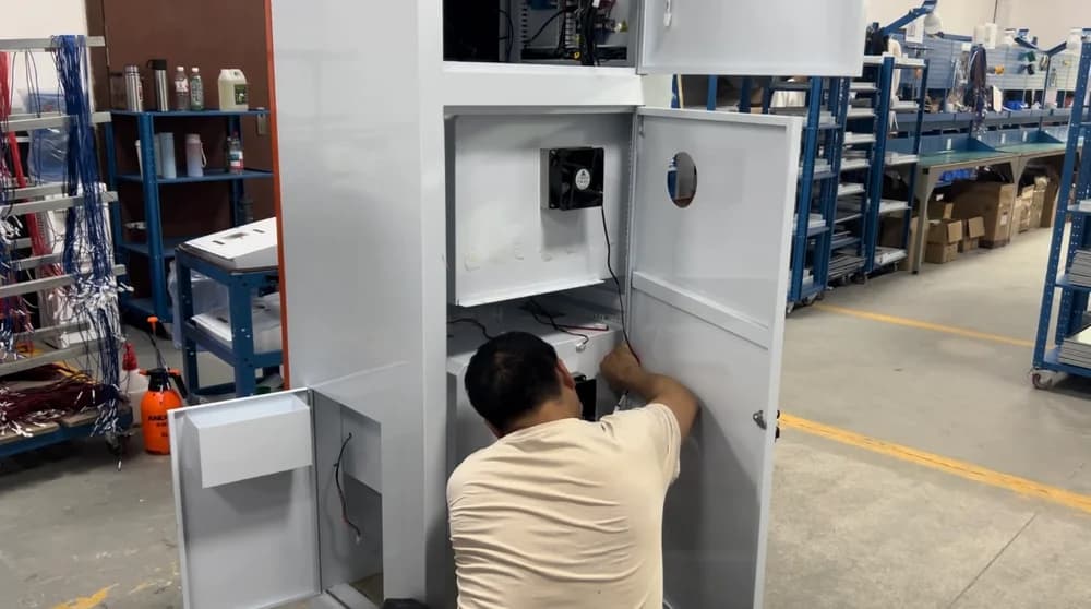 Operario realizando el montaje interno de una máquina comercial de limpieza de cascos